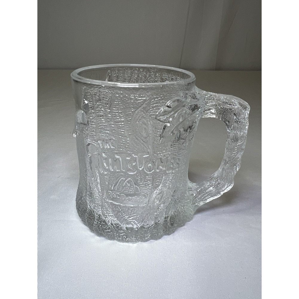 McDonalds Flintstones Glass Mug 1993 Clear Frosted TREE MENDOUS MUG RocDonalds